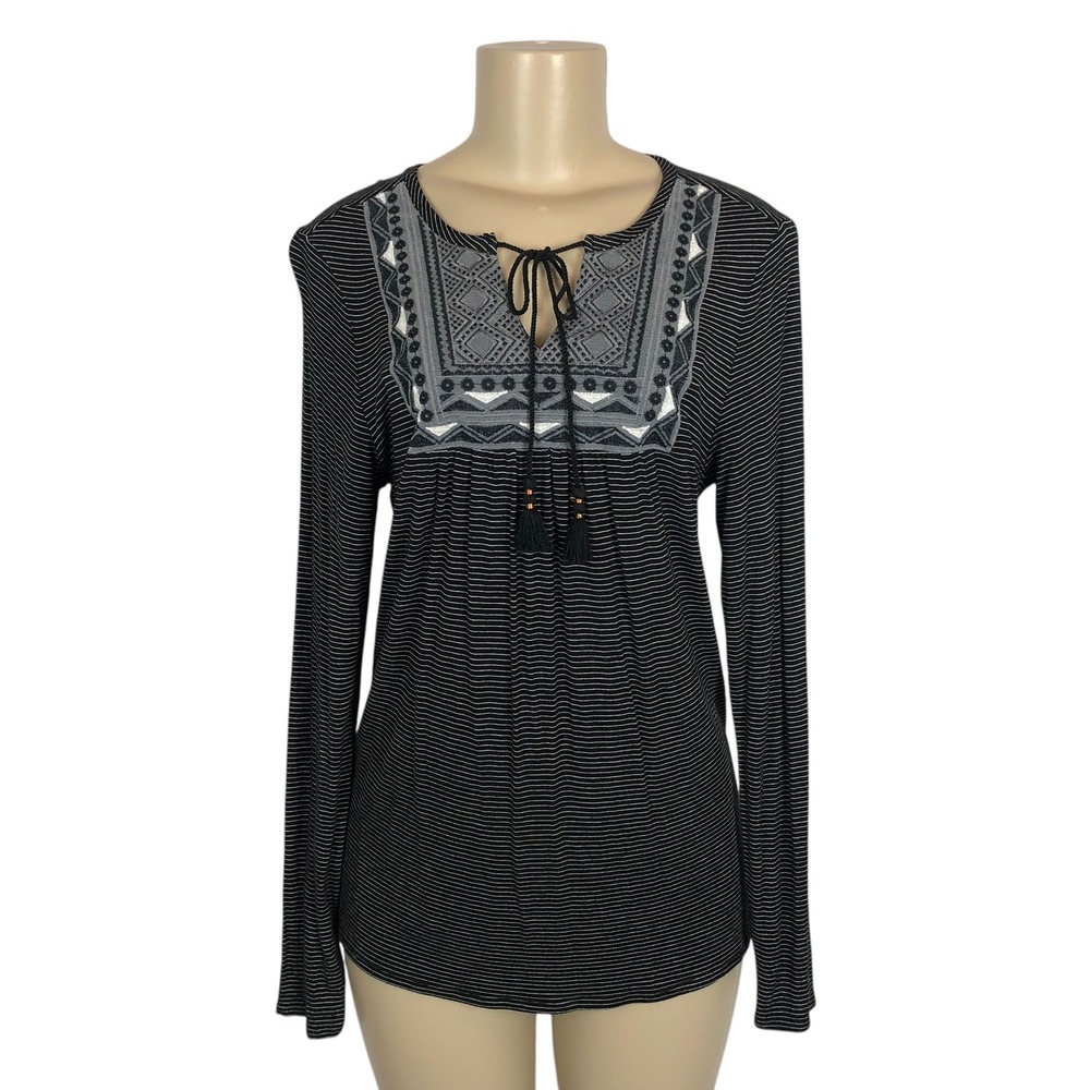 Knox Rose Southwestern Embroidered‎ Tassel Tie Neck Tunic Top Small Western Boho